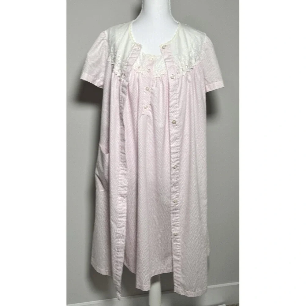 Vtg Carole Pink Seersucker Nightgown Housecoat Set Sz‎ S USA Pocket Cottagecore